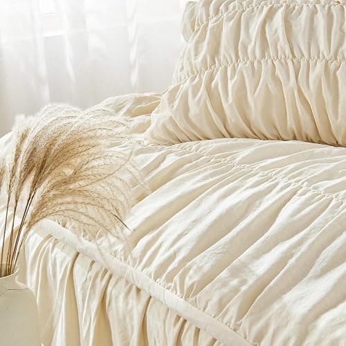 Queen Comforter Set - Ruched Comforter Queen Size Bed Set Boho Shabby Chic Bedding for Bedroom Comforter Fluffy 3 Piece Ruffle Comforter Set with Pillow White Bedding Soft thumbnail 4