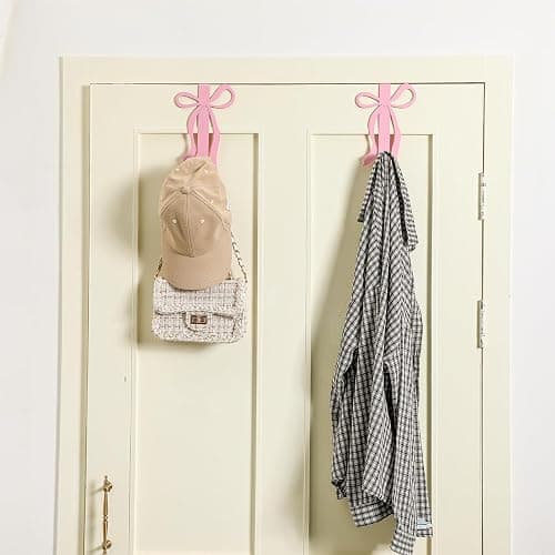 Chunful 2 Pack Pink Bow Over The Door Hook, Metal Strong Door Hanger Hook Coquette Room Decor Bow Accessories for Cabinet Living Room Bathroom Bedroom Kitchen Hanging Clothes Towels Hats Coats Bags thumbnail 2