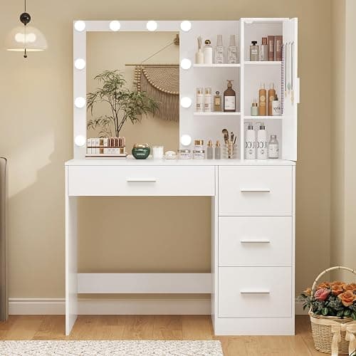 FIONESO Vanity Desk with Mirror and Lights, Makeup Vanity with 4 Drawers, Cabinet & 4 Necklace Hooks, White Vanity with Mirror and 10 LED Lights, Dressing Table for Women, Bedroom, White thumbnail 8