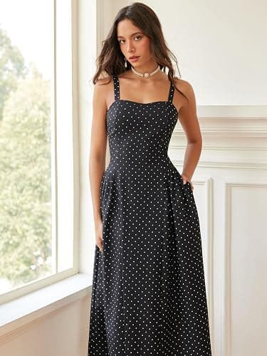 CIDER Womens Polka Dots Summer Casual Dresses Square Neck Sleeveless Midi A Line Elegant Dress thumbnail 2