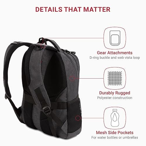 SwissGear 5505 Cecil 16” Laptop Backpack Charcoal – Daily Laptop Bag with Gear Attachment Options – Multiple Organizer Pockets & Padded Shoulder Straps thumbnail 3