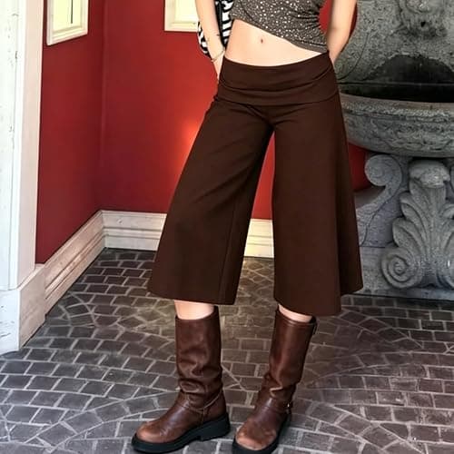 Women Fold Over Gaucho Pants Y2k Wide Leg Low Rise Cropped Lounge Capris thumbnail 4