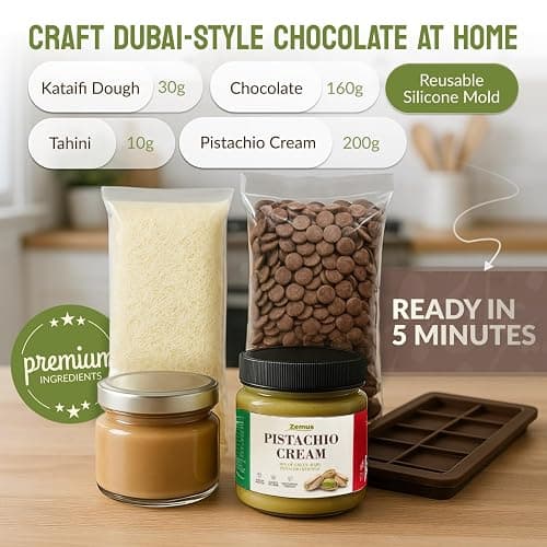 Viral Dubai Chocolate Bar Kit – Makes 14.10 oz of Bars, Chocolate Mold, Shredded Kataifi, Pistachio Cream – DIY Gift Box Dubai Kit – Great Gift for Father’s Day thumbnail 4