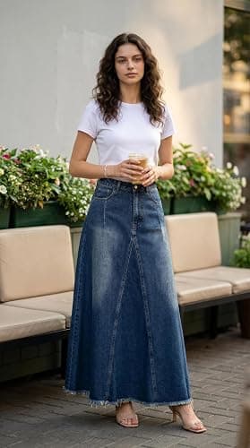 XQR Women's Vintage Full Length Denim Skirts High Waisted Frayed Raw Hem Flared A Line Maxi Long Jean Skirts thumbnail 2