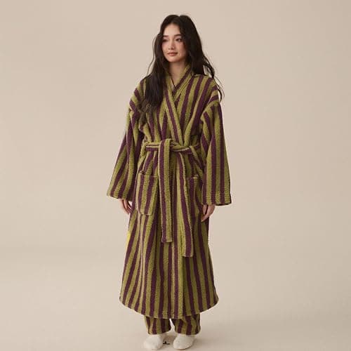 Homgro Women's Fuzzy Fleece Long Robe Striped Plush Kimono Warm Thick Fluffy Oversized V Neck Loungewear Maxi Bathrobe thumbnail 8