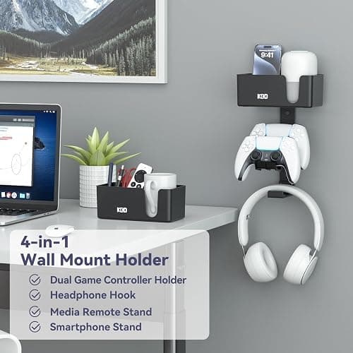 KDD 4-in-1 Wall Mount Controller Holder - Dual Game Controller and Headphone Hanger with Anti-Slip Pads for Xbox ONE/X Series/PS5/PS4 - Detachable Desk Storage for Media Remote, Phone and Speaker thumbnail 2