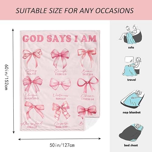 Henazin Christian Gifts For Women, Bow Blanket 60"X50", Religious Catholic Gift For Woman, Baptism Confirmation Gift For Girls Pink, Inspirational Spiritual Birthday Present For Daughter Sister Friend thumbnail 3