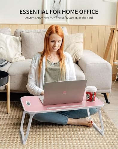 ZEAPTAC Laptop Bed Desk, Foldable Lap Desk, Portable Lap Table, Laptop Stand with Cup Holder & Tablet Slot & Lifting Handle for Working Writing Drawing & Eating - Pink thumbnail 5