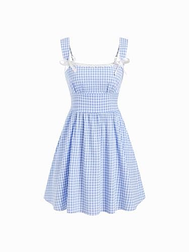 CIDER Mini Dresses for Women Gingham Sleeveless Bow Tie Square Neck A Line Sundress Cute Casual Trendy Outfits - Image 1