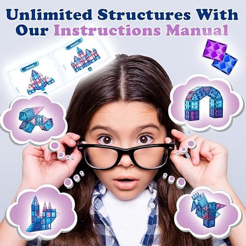 Little Pi 102pcs Frozen Princess Castle Magnetic Tiles Building Blocks - 3D Diamond Blocks, STEM Educational Toddler Toys for Pretend Play, 4 Year Old Girl Birthday Gifts Kids Ages 3 5 6 7 8 - Blue thumbnail 4