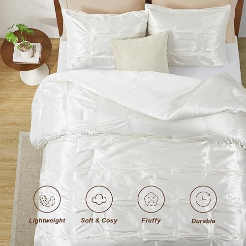 Lanest Housing Full/Queen Size Satin Comforter Set Ivory White, 3 Pieces Soft and Lightweight Silk Bedding, All Season Fluffy Down Alternative Comforter Bed Set thumbnail 3