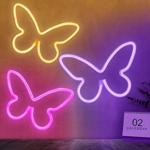 BRIGHTDECK 3 Pcs Butterfly Neon Signs, Neon Light for Bedroom, USB or 3-AA Battery Powered LED Wall Décor for Valentines Day Birthday Gift, Wedding, Party, Home Decor (Pink, Purple, Warm white) - Image 1