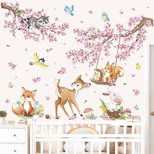 decalmile Woodland Animals Pink Flower Wall Stickers Cherry Blossom Branch Deer Fox Wall Decals Baby Nursery Kids Bedroom Living Room Home Decor thumbnail 4