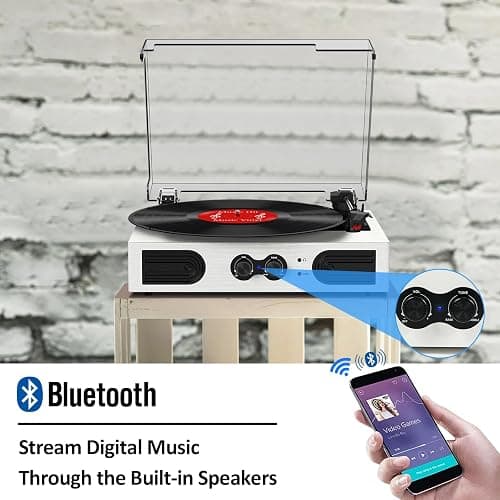 VinylsLink Vinyl Record Player with Built-in Stereo Speakers and Bass Adjust, Portable Vintage 3-Speed Belt-Driven, Bluetooth Input, RCA Line Out AUX in Headphone Jack, White Wood thumbnail 6