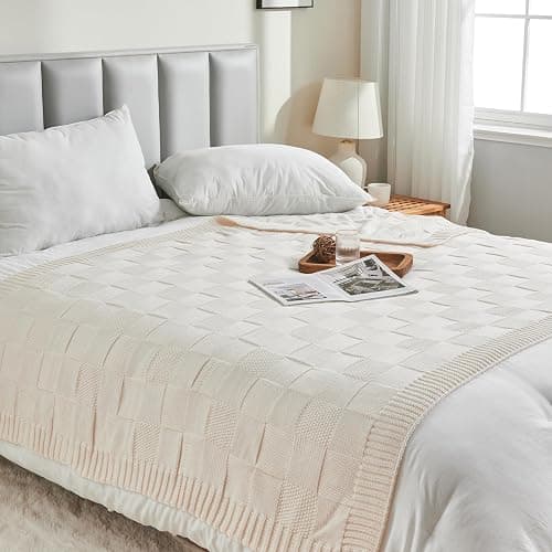 CozeCube Cream White Knitted Checkered Throw Blanket 60"X80" | Check Knit Throw for Couch, Decorative Christmas Soft Cozy Warm Blanket for Bed Sofa Living Room thumbnail 4