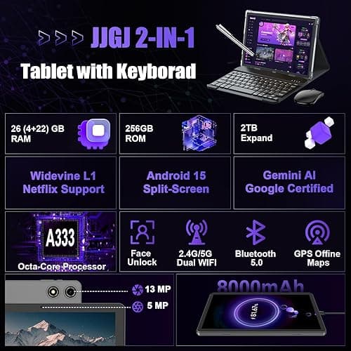 JJGJ 2025 Android 15 Tablet 10 Inch, 26GB+256GB+2TB Expand, 2 in 1 Tablets with Keyboard Case Mouse Stylus, 8000mAh Battery, Octa-Core, Dual Camera, Supports Widevine L1, 5G WiFi, GPS（Black Case） thumbnail 3