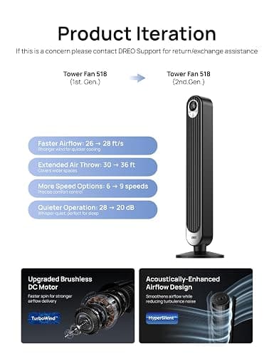 DREO Tower Fan for Bedroom, 28 ft/s, 20dB Quiet Fans that Blow Cold Air, 9 Speeds, 4 Modes, 12H Timer, Oscillating Cooling Standing Floor Fan Powerful for Indoor Home Office Room, LED Display, 42 inch thumbnail 8