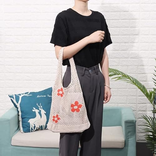 Ovida Crochet Tote Bag Mesh Beach Bag Fairycore Hobo Fairy Grunge Aesthetic Shoulder Bag Y2k Purse for Women Girls | Beach Bag thumbnail 7