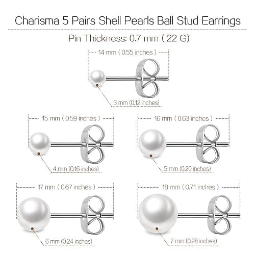 Charisma 3-7mm Composite Pearl Earrings Round Ball Pearls Stud Earrings Hypoallergenic 5 Pairs Mixed Sizes Imitation Pearl Earrings Set for Women thumbnail 4