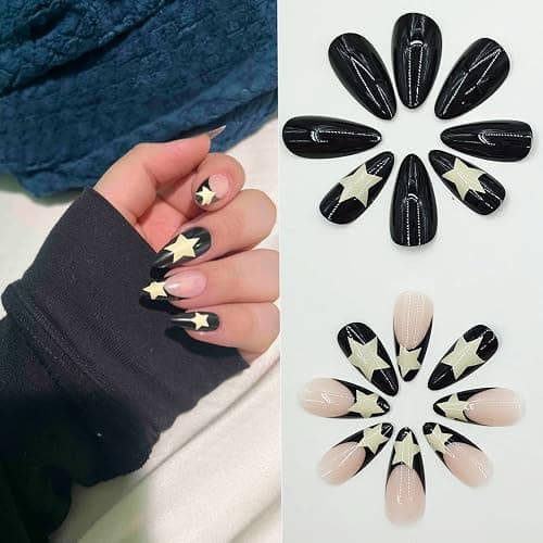 IOSPKKIO® 24 Stück Y2K Künstliche Nägel Lange Falsche Nägel Französische Pentagramm-Acrylnägel für Frauen und Mädchen, Acrylic natürlich Drücken auf den Nägeln thumbnail 3