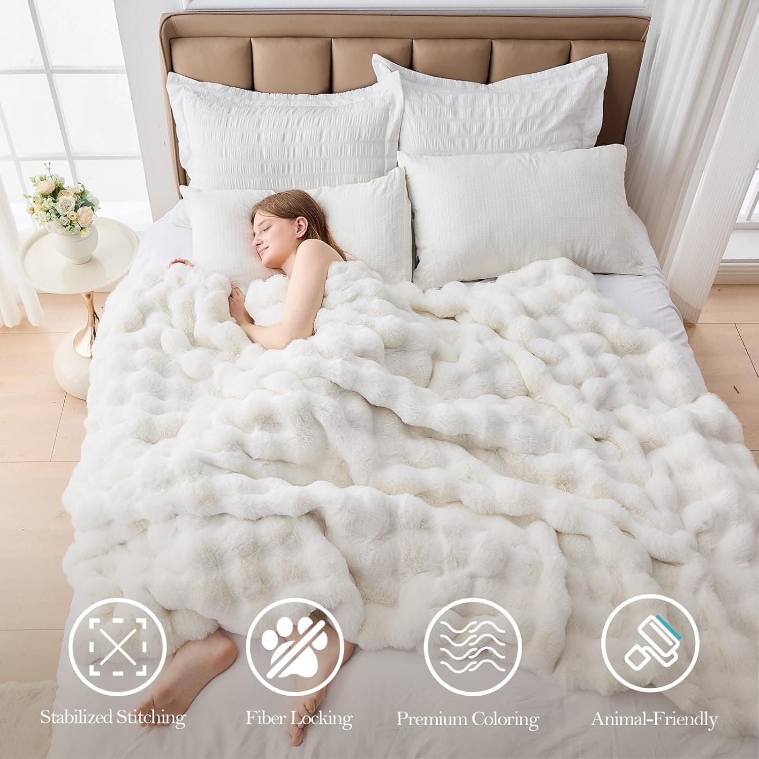 Ultra Soft Cozy Faux Fur Throw Blanket, Fuzzy Plush Thick Bubble Blanket, Luxury Fluffy Blanket for Couch, Sofa, Bedroom, and Living Room, Gifts for Women and Girls, 50x60 Inches, Cream White thumbnail 4