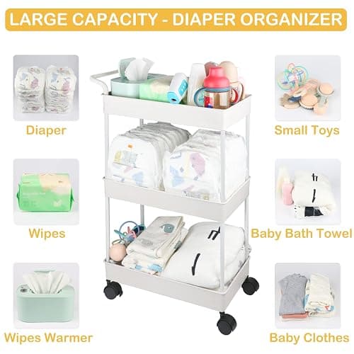 Volnamal Baby Diaper Caddy, Plastic Movable Cart for Newborn Nursery Essentials Diaper Storage Caddy Organizer for Changing Table & Crib, Easy to Assemble, Beige thumbnail 6
