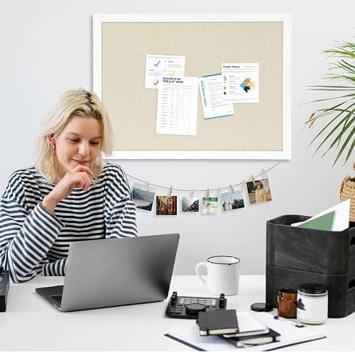 DOLLAR BOSS Cork Board Bulletin Board with Linen Double-Sided 36" x 24" Linen Corkboards for Walls Picture Display Vision Board for Office Home School Framed Picture Pin Board, 20 Pushpins 10 Clips thumbnail 2