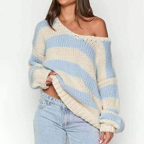Women's Off The Shoulder Striped Sweaters Y2k Drop Shoulder Long Sleeve V-Neck Oversized Knit Pullover Tops thumbnail 2