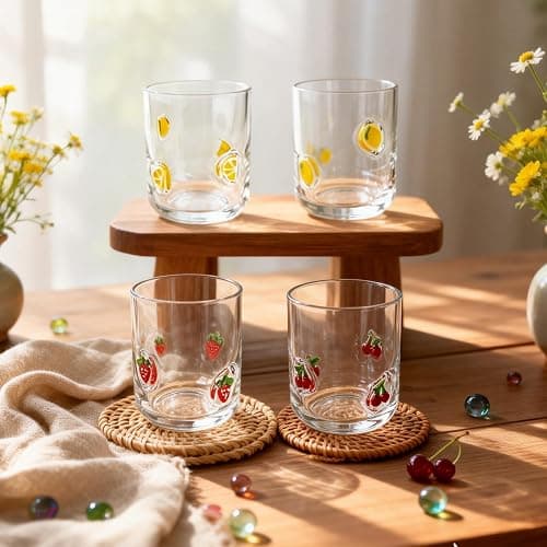 Trxvxo 4 Pcs Fruit Icon Juice Glasses, Anthropologie Cups 14 Oz | Cute Pattern Icon Glass Cups for Drinking, Coffee, Home, Birthday Party, Holiday Gift thumbnail 5