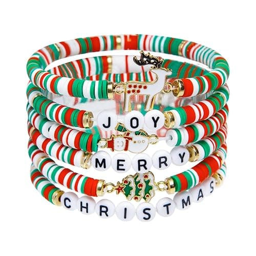 Artlunar 6 Pack Christmas Bracelets: Joy & Merry Candy-Style Stacks for Women & Teens - Perfect Christmas Gifts - Age 3 to Adult - Image 1