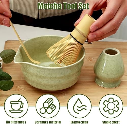 4Pcs Matcha Whisk Set Reusable Matcha Making Kit with Ceramic Bowl and Whisk Elegant Matcha Tea Set 500ml Mottled Matcha Bowl for Tea Lovers thumbnail 3
