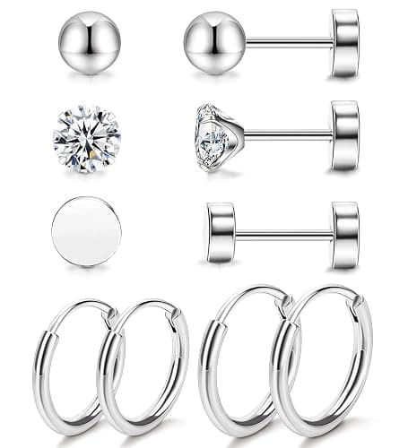 Staligue 5 Pairs Titanium Earrings - Dot Ball Cubic Zirconia 20 Gauge Pure Titanium Stud Hoop Earrings Set - Flat Back for Women - Image 1