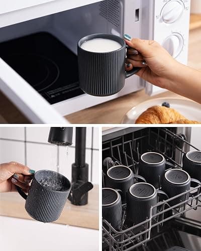 famiware Coffee Mug Set for 4, Star 12 oz Catering Mugs Cup Set with Handle for Coffee, Tea, Cocoa, Milk - Ceramic Stoneware Drinkware Set, Matte White + Matte Black thumbnail 6