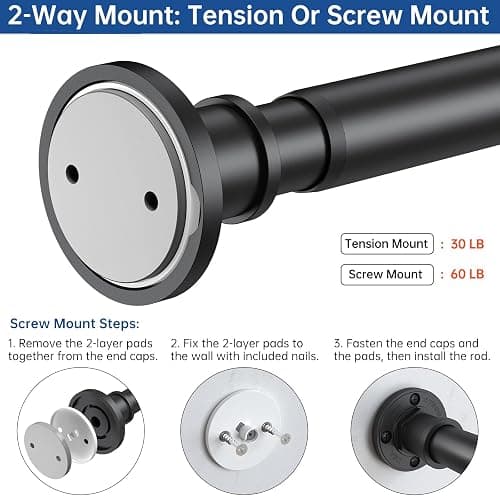 BRIOFOX Industrial Shower Curtain Rod - 2-in-1 Design Tension Curtain Rod - Never Rust Non-Slip 43 to 72 Inch Stainless Steel, Matte Black Window Curtain Rod thumbnail 4