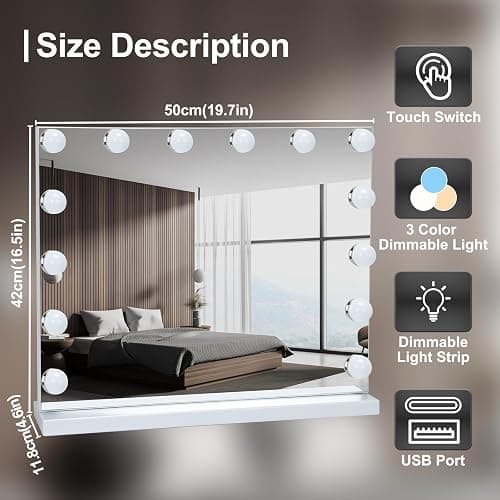 Hollywood Vanity Mirror with Lights,14 Dimmable Bulbs,3 Color Lights,10X Magnification,Makeup Mirror with Lights,Touch Control, Aluminum Metal Frame 50x42cm(20x16.5in) thumbnail 4