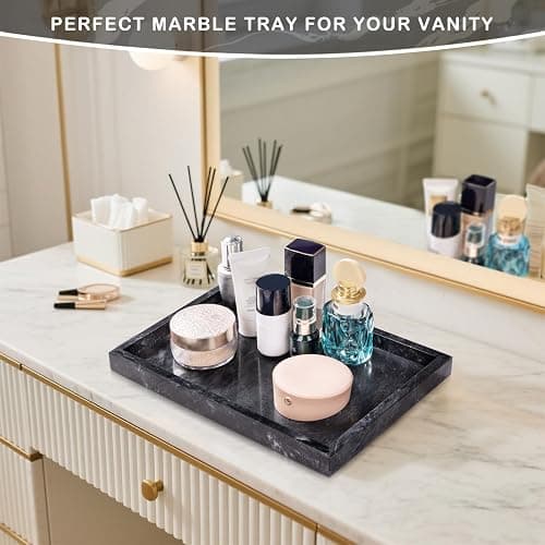 Homaura Marble Bathroom Tray for Countertop & Home Decor, Natural Decorative Marble Tray for Jewelry & Perfume Organizer, Luxury Stone Vanity Trays for Dresser, Kitchen Counter, 12" x 8", Gray Black thumbnail 7