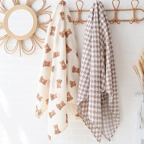 LifeTree Muslin Swaddle Blankets Neutral, Baby Swaddling Wrap Nursery Blanket for Boys & Girls Unisex, Soft 70% Viscose from Bamboo and 30% Cotton, Large 47 x 47 inches, Bear & Checkered Coffee thumbnail 2