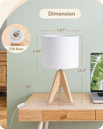 EDISHINE Small Cute Table Lamp, Wood Tripod Nightstand Lamp, 14.2 Inch | ON/Off Switch, E26 Socket, Linen Fabric Shade, Mid Century Bedside Lamp for Nursery, Living Room, Bedroom, End Table thumbnail 5
