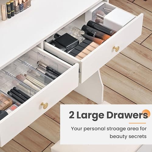 Pamapic Golden Handles Vanity Desk with Mirror and Lights, 4 Drawers Makeup Vanity with Charging Station, 3 Lighting Modes Upgraded Silent Slides Vanity Desk with Storage Stool thumbnail 8