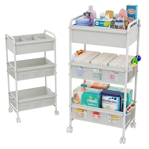 3-Tier Baby Diaper Caddy Cart Organizer,Mobile Nursery Organization with Wheels,with 2 Dividers & 14 Mesh Pockets Durable Metal Utility Cart for Nursery, Bedroom, Bathroom Essentials Organization - 17"Wx11"Dx32.45"H - White thumbnail 9