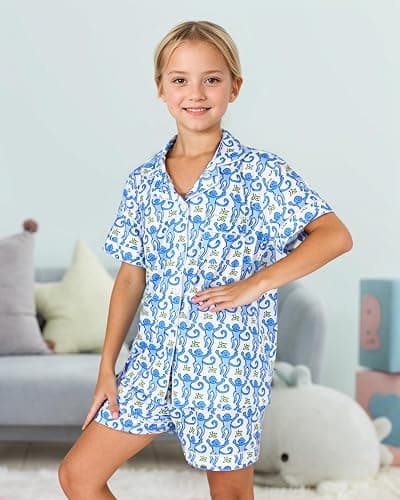 Zelbuck Girls Summer Outfit, Kids 2 Piece Button Down Monkey Beach Shorts Set Ugly Animal Y2k Preppy Loungewear Pjs - Light Blue - 10-11 Years thumbnail 6