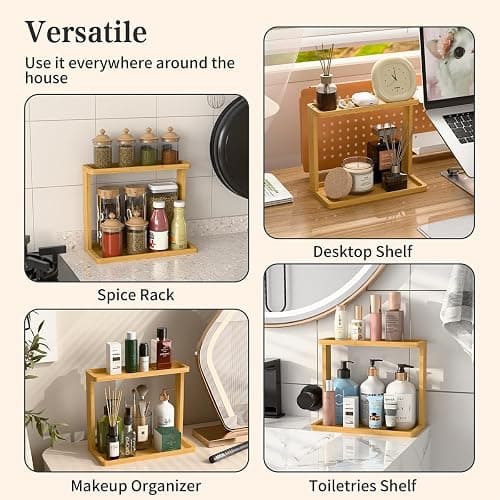 PEKER Bamboo Bathroom Organizer Countertop – Small Vanity Storage Shelf for Makeup, Perfume, Skincare – Natural Cosmetics Display Rack for Dresser, Sink, Kitchen – Natural thumbnail 8