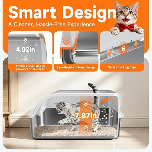 OneBug Stainless Steel High Sides Cat Litter Box with Scoop, Open Top Litter Pan for Indoor Cats, Easy to Clean, Reduced Litter Scatter, Medium thumbnail 5