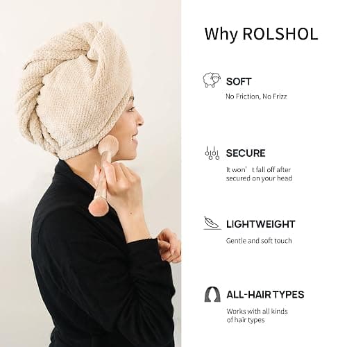 ROLSHOL Extra Large 4 Pack Microfiber Hair Towel Wrap for Women Super Absorbent & Quick Dry Hair Drying Towels with Button, Hair Turbans for Curly Hair Long & Short Hair - Anti-Frizz (green pinstripe) thumbnail 2
