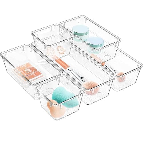 6 Pack Clear Drawer Organizer Set, Drawer Storage Trays, Storage Bins | Acrylic Drawer Storage Trays, Storage Bins for Makeup, Cosmetics, Jewelries, Utensils, Gadgets, Office - Image 1