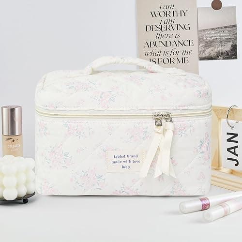 GISMTR Makeup Bag, Floral Quilted Cosmetic Bag, Large Travel Aesthetic Make up Bag, Cute Coquette Toiletry Bag for Women Girls thumbnail 2