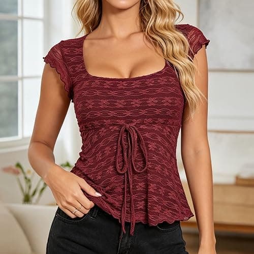 Womens Square Neck Short Sleeve Lace Top Front Tie Ruched Design Casual Blouse for Everyday and Night Out Occasions thumbnail 2