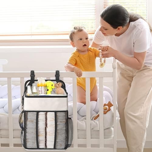 Maliton Hanging Diaper Organizer - Caddy for Changing Table, Crib, Pack n' Play - Stacker Holds 52+ Diapers - Nursery Organizer & Baby Shower Gifts - Beige thumbnail 2