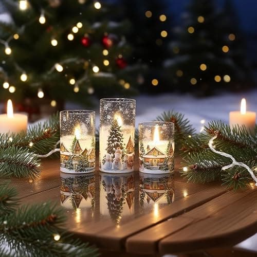 DRomance Snowman House Glass Flameless Candles Battery Operated with Remote and Timer Real Wax LED Flickering Pillar Candles Cold White Light Window Christmas Holiday Decor 3" D x 4", 5", 6" H thumbnail 7