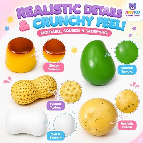 5 Pack Crunchy Squishy Toys Slushy Squeeze Stress Ball Food Toy | Peanut Pudding Potato Mango Soap Bead Filled ASMR Realistic Non Rebound Moldable Adults Party Favor thumbnail 4
